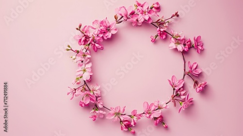 Flowers composition. Wreath made of pink flowers on pink background. Flat lay, top view, copy space