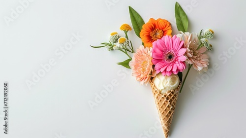Ice cream cone with colorful flowers on white background. Flat lay. Minimal summer concept.