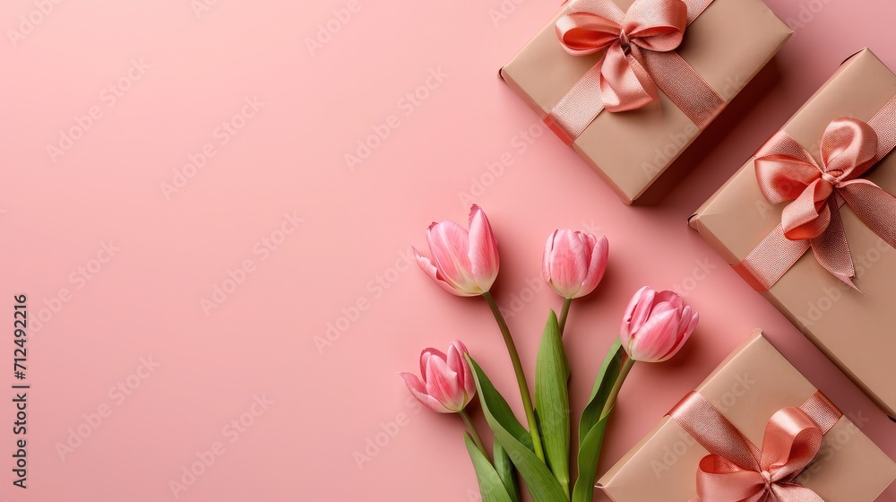 Mother's Day decorations concept. Top view photo of trendy gift boxes with ribbon bows and tulips on isolated pastel pink background with copyspace Mother's Day decorations concept. Top view photo of trendy gift boxes with ribbon bows and tulips on isolated pastel pink background with copyspace