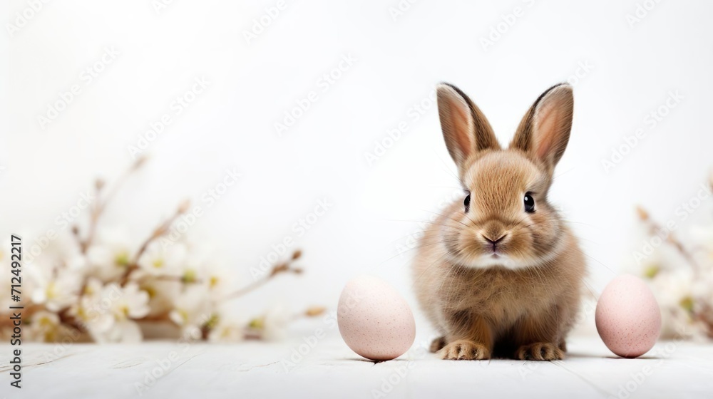 Obraz premium Cute Easter bunny rabbit hare with decorated eggs in the spring. Happy Easter holiday.