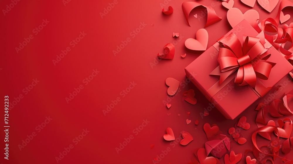 Paper art Valentine's day concept banner with hand made gift box, paper cut ribbon, bow, and a lot of hearts on a red background with space for text
