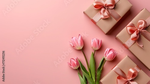 Mother's Day decorations concept. Top view photo of trendy gift boxes with ribbon bows and tulips on isolated pastel pink background with copyspace © buraratn