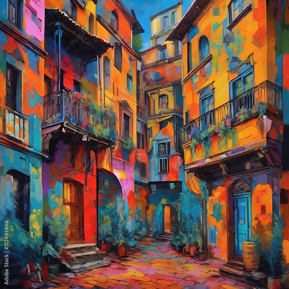Oil painting of a courtyard with colorful buildings in Italy