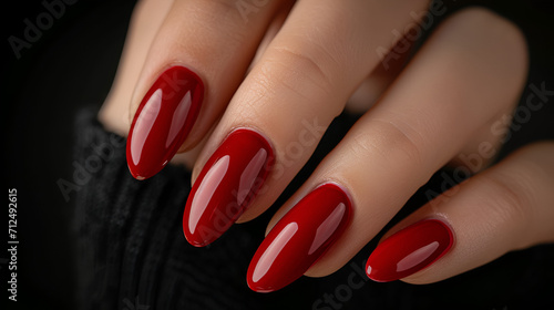 Glamour the woman's hand with classic black nail polish on her fingernails. Red nail manicure with gel polish at a luxury beauty salon. Nail art and design. Female hand model. French manicure.AI image
