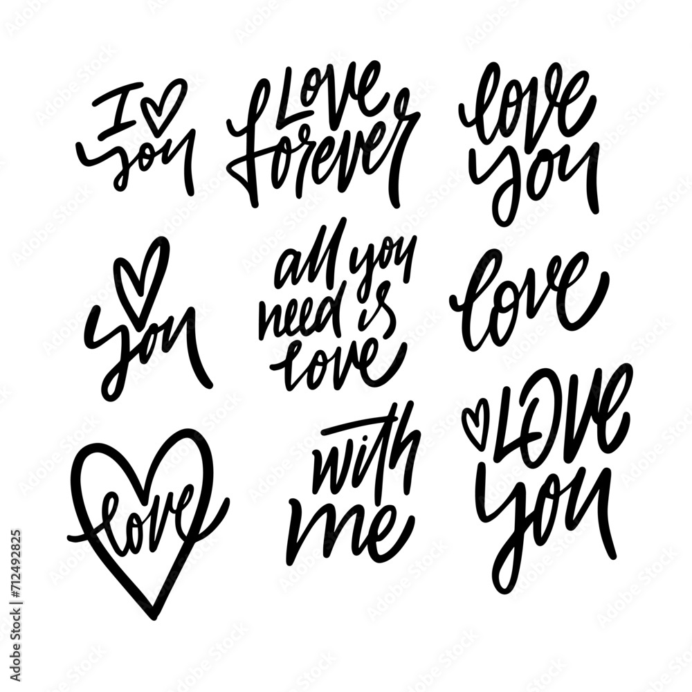 Hand drawn love phrase set. Black color calligraphy text signs. Hand drawn love phrase set. Black color calligraphy text signs.