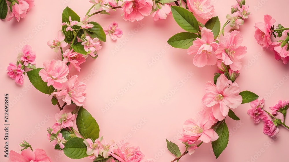 Wreath made of beautiful flowers and green leaves on pale pink background, flat lay. Space for text Wreath made of beautiful flowers and green leaves on pale pink background, flat lay. Space for text