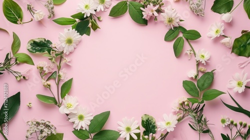 Wreath made of beautiful flowers and green leaves on pale pink background  flat lay. Space for text