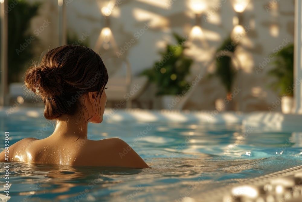 Sensual young woman relaxing in swimming pool at spa resort. Beauty and body care. Sexy girl is resting on vacation.