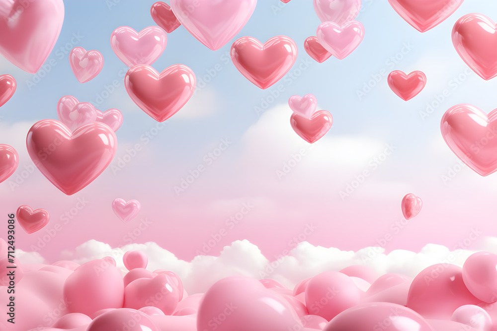 Pink Heart Balloons Rising Above Fluffy Clouds