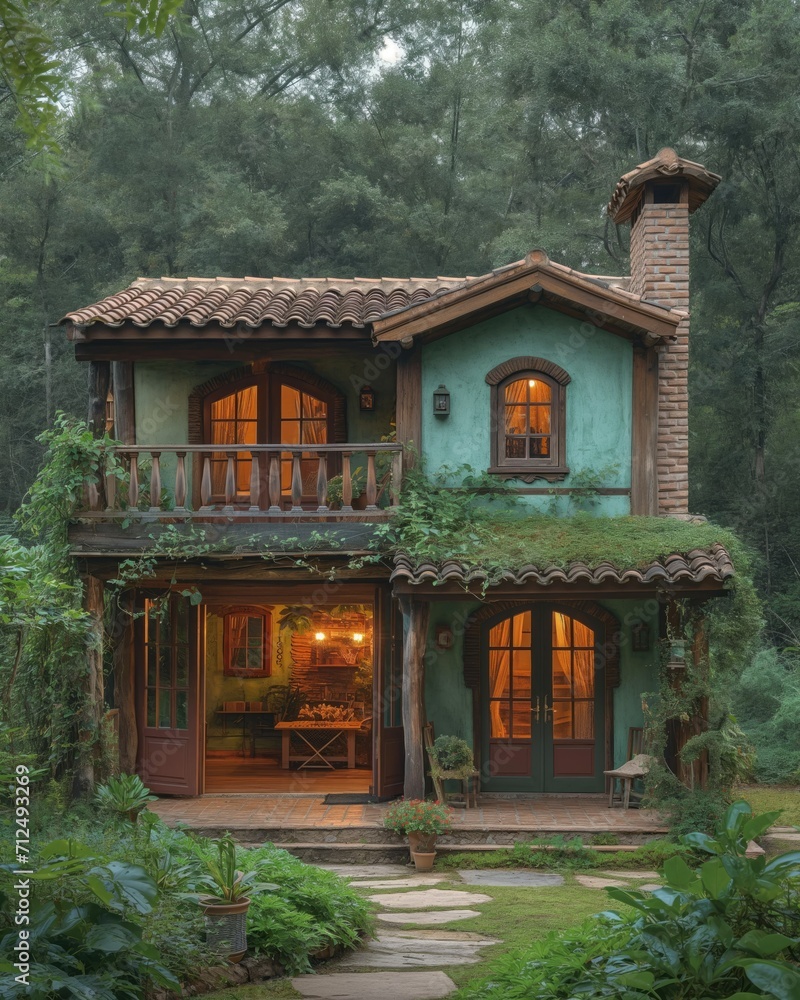 cabin nestled among lush greenery in a serene forest cabin nestled among lush greenery in a serene forest