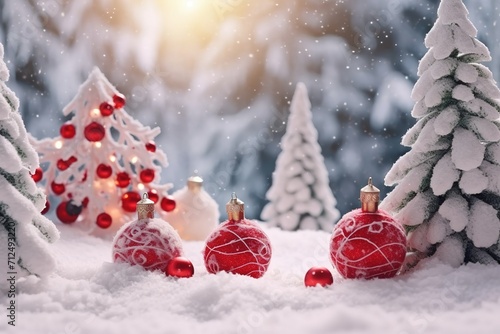 Christmas balls and trees in the snow illustration.