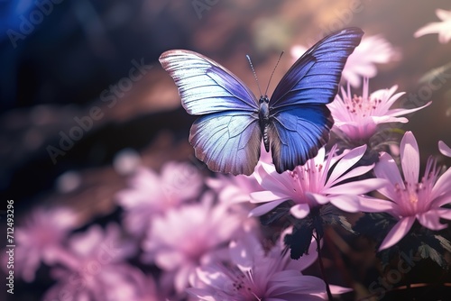 Purple butterfly on purple flowers background illustration.