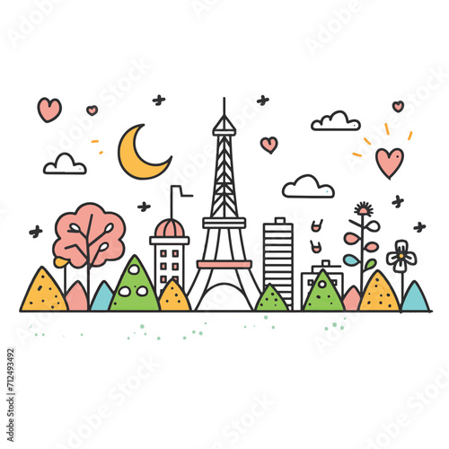 View of the Eiffel tower, Paris France in a hand drawn sketch style