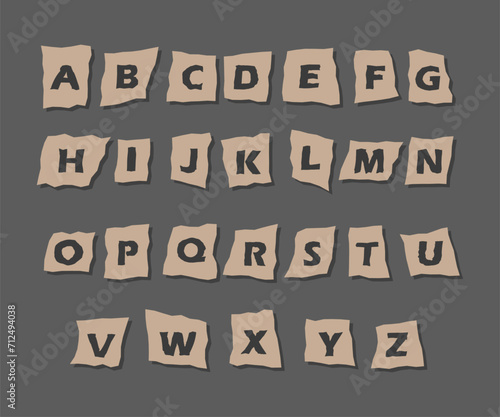 Collage newspaper alphabet. Criminal letters cut from newspapers and magazines. Anonymous or detective font. Vector illustration in retro style.