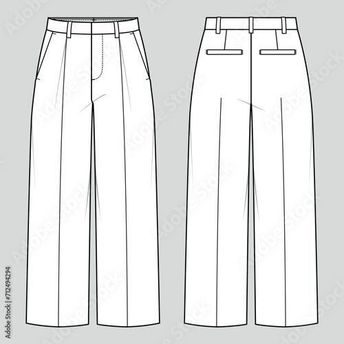 Wide leg trousers. Women's tailored wear. Vector technical sketch. Mockup template.