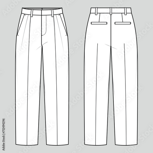 Straight leg trousers. Women's tailored wear. Vector technical sketch. Mockup template.