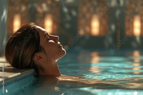 Sensual young woman relaxing in swimming pool at spa resort. Beauty and body care. Sexy girl is resting on vacation.