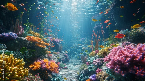 Hyper-realistic coral reef teeming with vibrant marine life  offering a glimpse into the underwater wonders of the world.