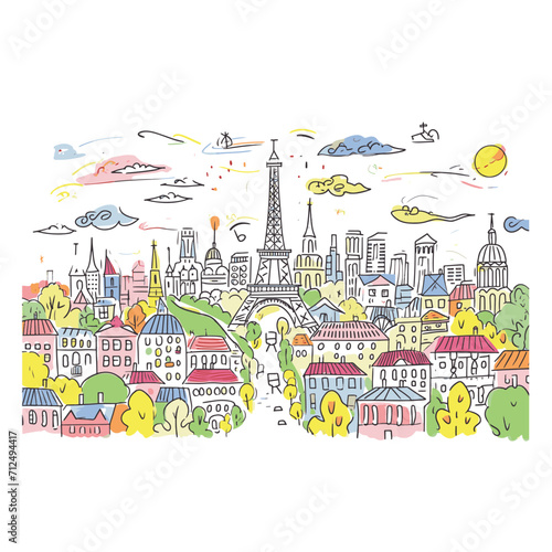 View of the Eiffel tower, Paris France in a hand drawn sketch style