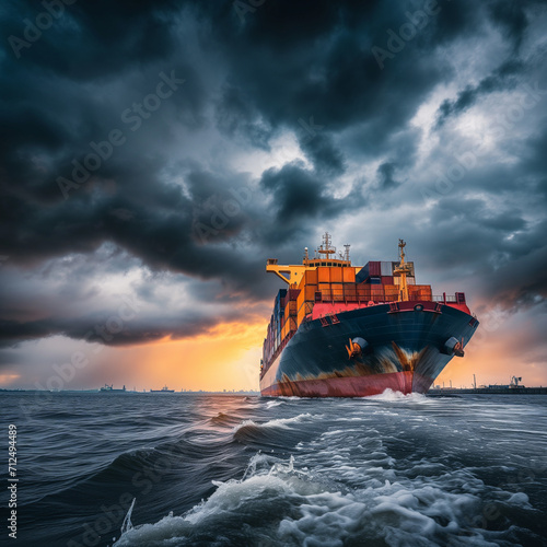 large cargo ship Many container trucks are sailing through the ocean to deliver goods to their destination, shipping or transportation concept © photobyphotoboy