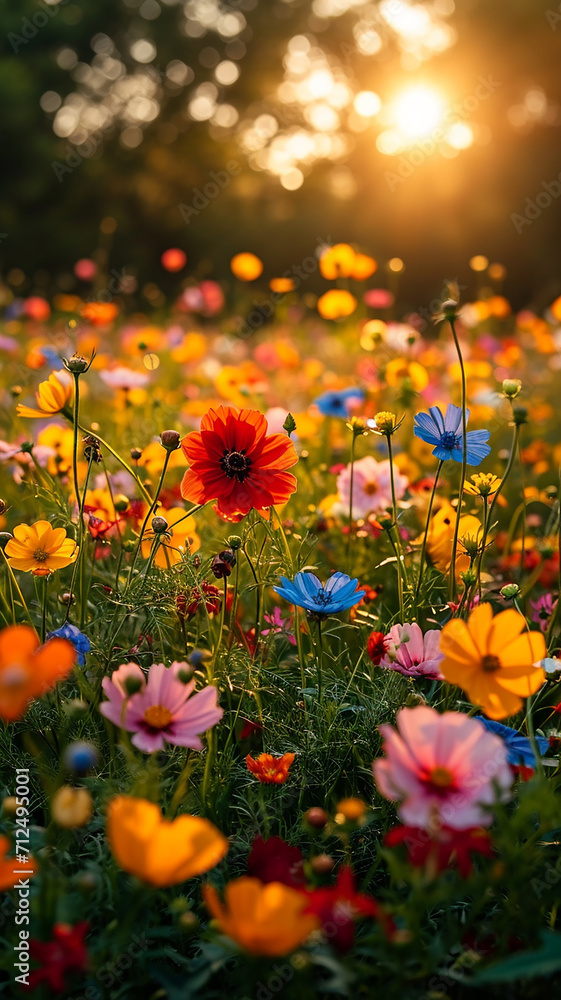 Lawn with bright summer flowers