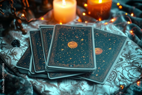 Mystic divination Tarot reading setup with cards and candlelight ambiance photo
