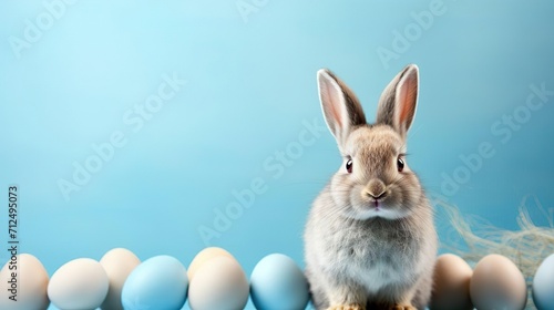 Lovely fluffy Easter bunny rabbit with decorated painted eggs on blue background. Happy Easter holiday. Copy space. © Irina