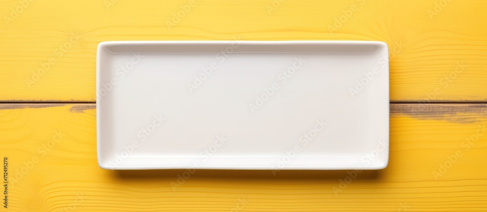 White rectangle dish on white and yellow wooden table. White rectangle dish on white and yellow wooden table.