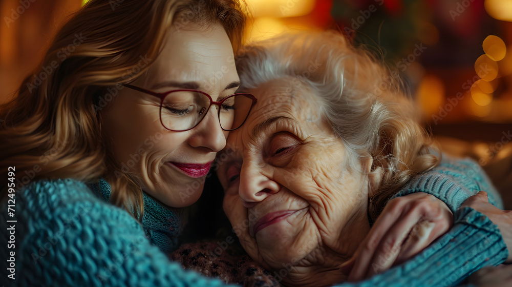 close-up adult daughter embracing elderly mother at home, love care unconditional love concept - obrazy, fototapety, plakaty 