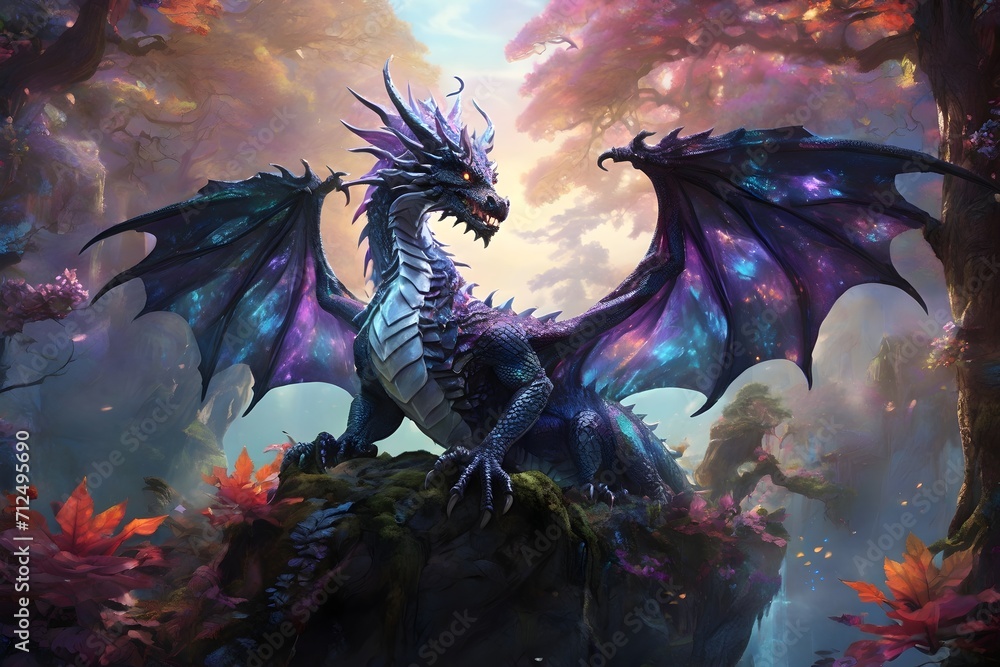 Naklejka premium A wing spread dragon in fantasy landscape