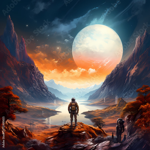 Astronaut on a distant planet painting the landscape