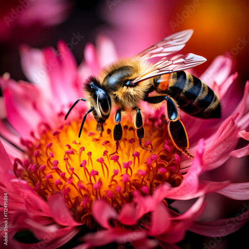 Close-up of a bee pollinating a vibrant flower.