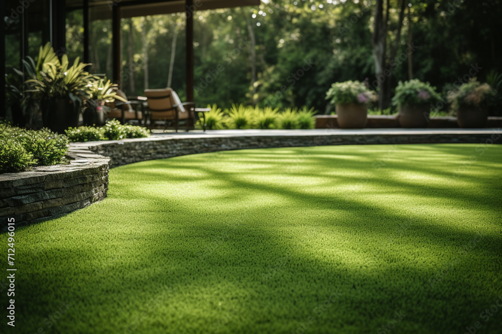 Fototapeta premium Natural Grass Turfs Rolling Over Inside Residential Backyard. Landscaping Industry Job