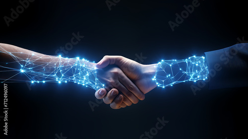 Digital Hand Shake, Handshake with the words hands on the blue background, Handshake of human and AI ,AI generated