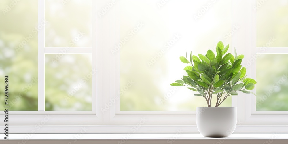 White table background with green plant for your decoration and spring window.