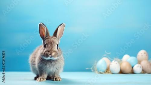 Lovely fluffy Easter bunny rabbit with decorated painted eggs on blue background. Happy Easter holiday. Copy space. © Irina