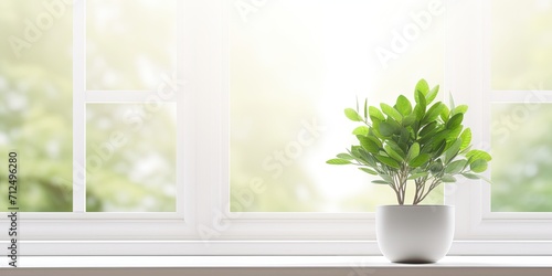 White table background with green plant for your decoration and spring window. © Sona