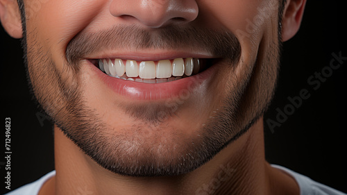 Young man with beautiful smile on grey background. Teeth whitening 