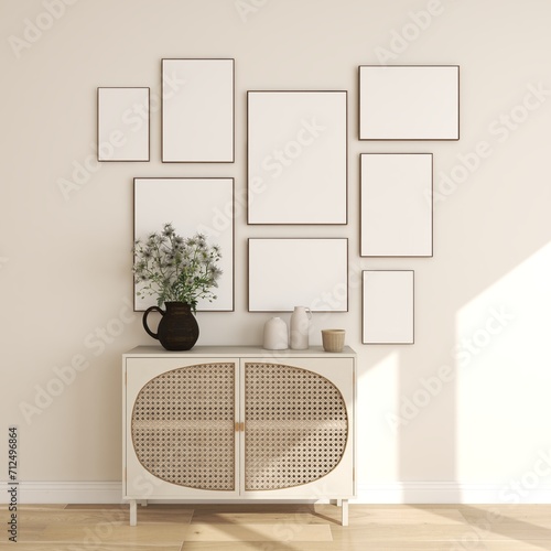 8 frames mockup, gallery wall art set. Empty posters on beige wall with canework console, boho design. 3D illustration