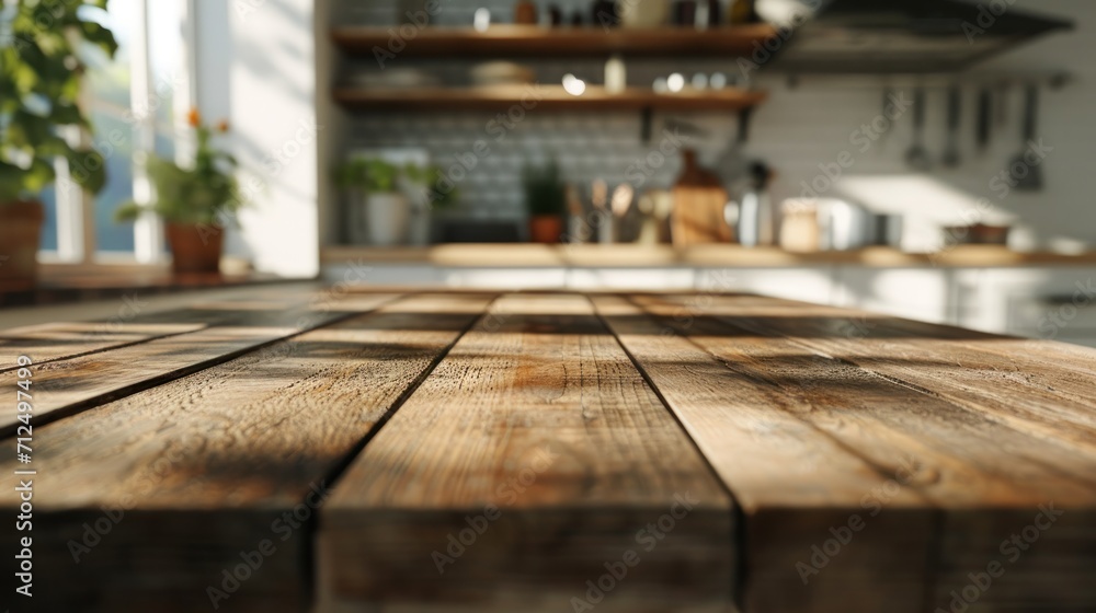 Wooden table on blurred kitchen bench background, Advertisement, Print media, Illustration, Banner, for website, copy space, for word, template, presentation Wooden table on blurred kitchen bench background, Advertisement, Print media, Illustration, Banner, for website, copy space, for word, template, presentation