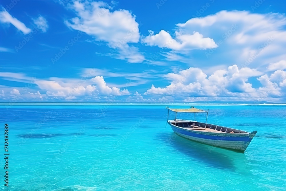 Boat in ocean against blue sky background illustration.