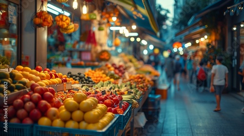 A street market alive with activity, where blurred vendors' stalls create a tapestry of colors and shapes, offering a vivid and immersive atmosphere for diverse visual content © AI ARTS