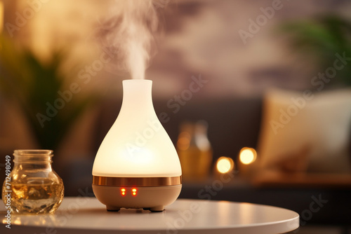 Oil diffuser on blurred background near burning candles. Aromatherapy and health care concept 