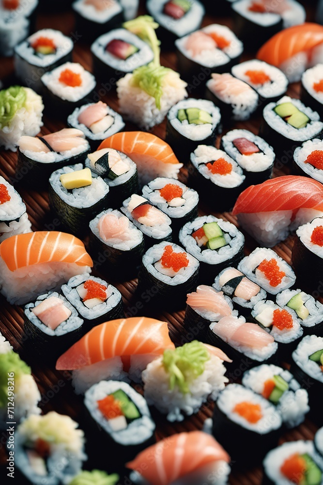 Delicious Sushi Assortment Illustration with Artistic Flair Delicious Sushi Assortment Illustration with Artistic Flair