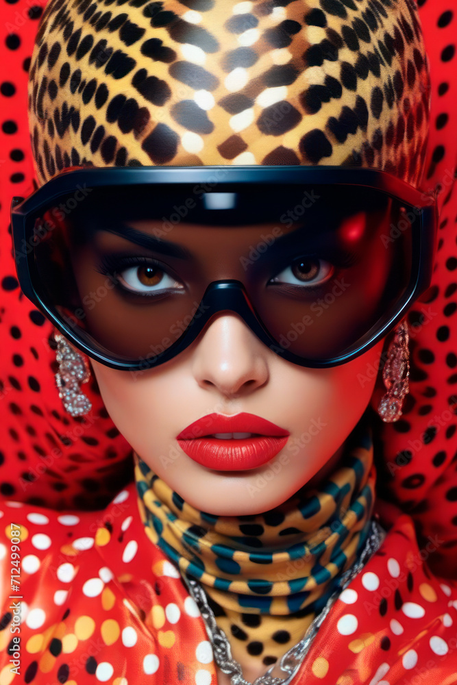 The image features a close-up of a woman wearing a leopard print hat, sunglasses, and red lipstick. She also wears a red top with black polka dots and a leopard print scarf. 