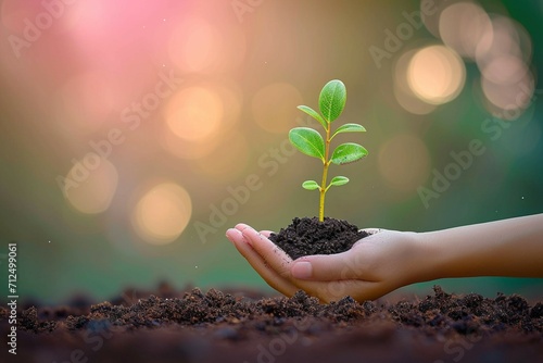 Green pledge Hand clutches a tree against a blurred nature backdrop