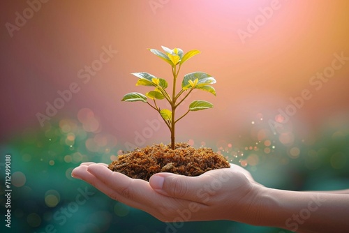 Photo Nature embrace Human hand holds tree, celebrating World Environment Day