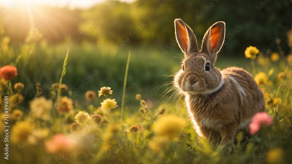 Fototapeta premium Cute rabbit on green lawn with daisies at sunset bunny on walk