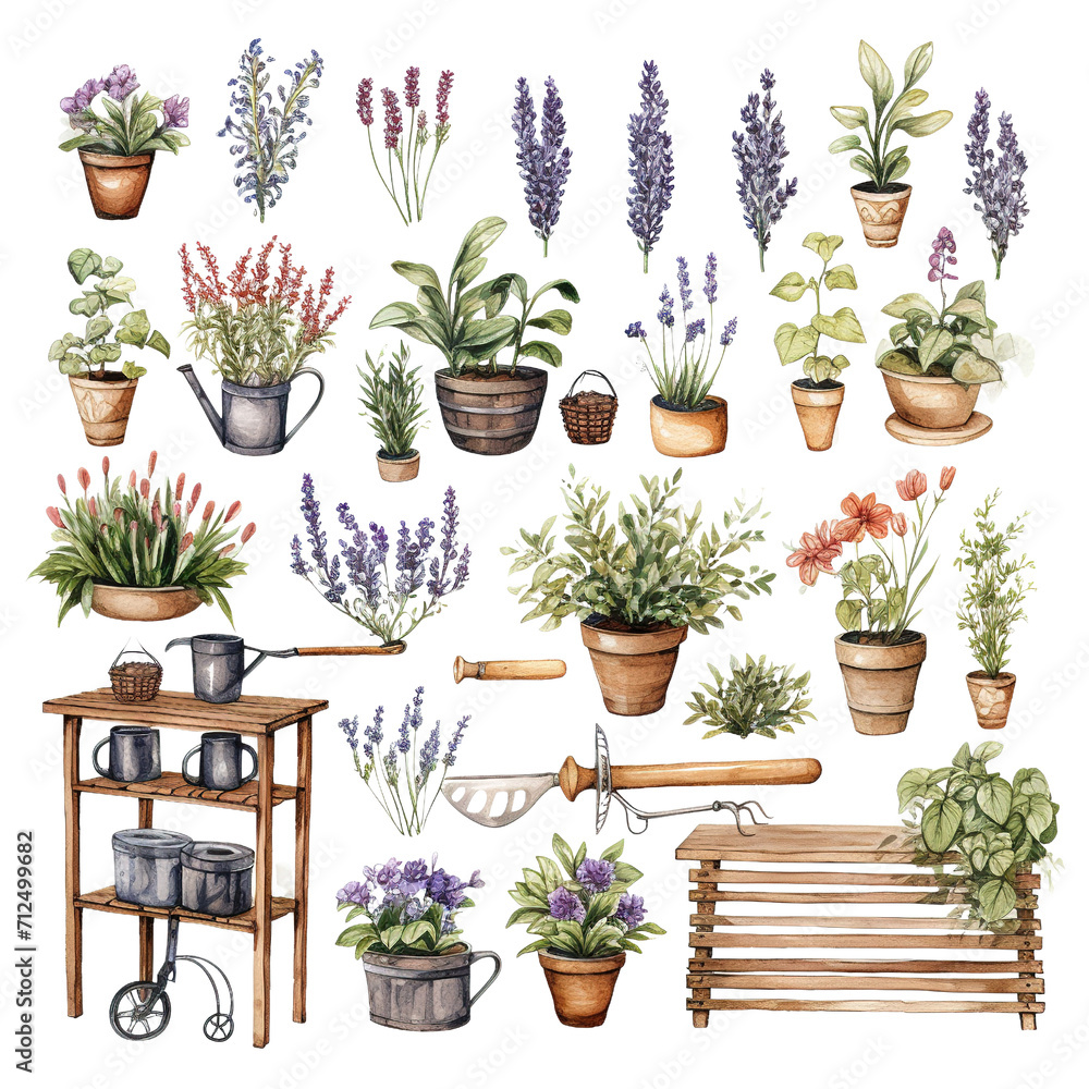 Watercolor Clipart of garden element and equipment