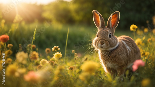 Cute rabbit on green lawn with daisies at sunset bunny on walk © ParthoArt